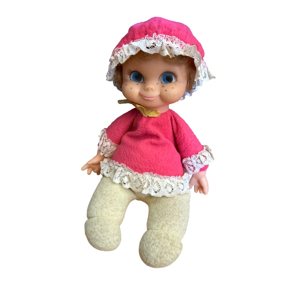 Vintage Horsman Dolls Inc Vinyl Face Plush Baby Doll Pink Lace Bonnet 11 Inch